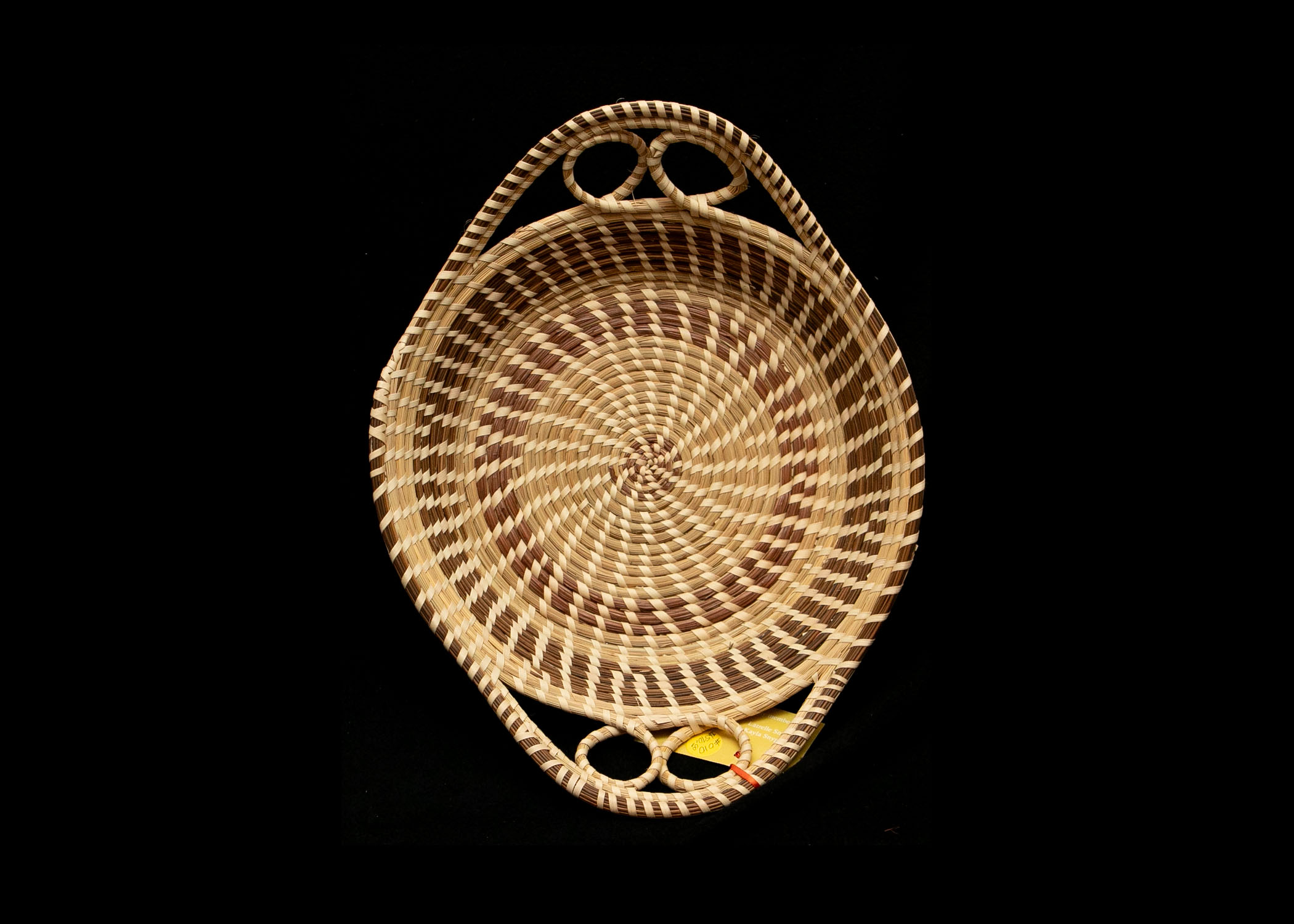Oval sweetgrass tray with looped handles and bulrush banding